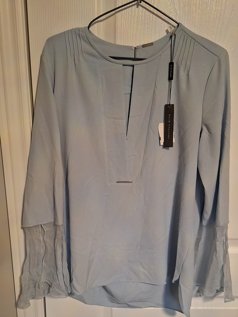Elie Tahari Light Blue Pleated Bell-Sleeve Blouse